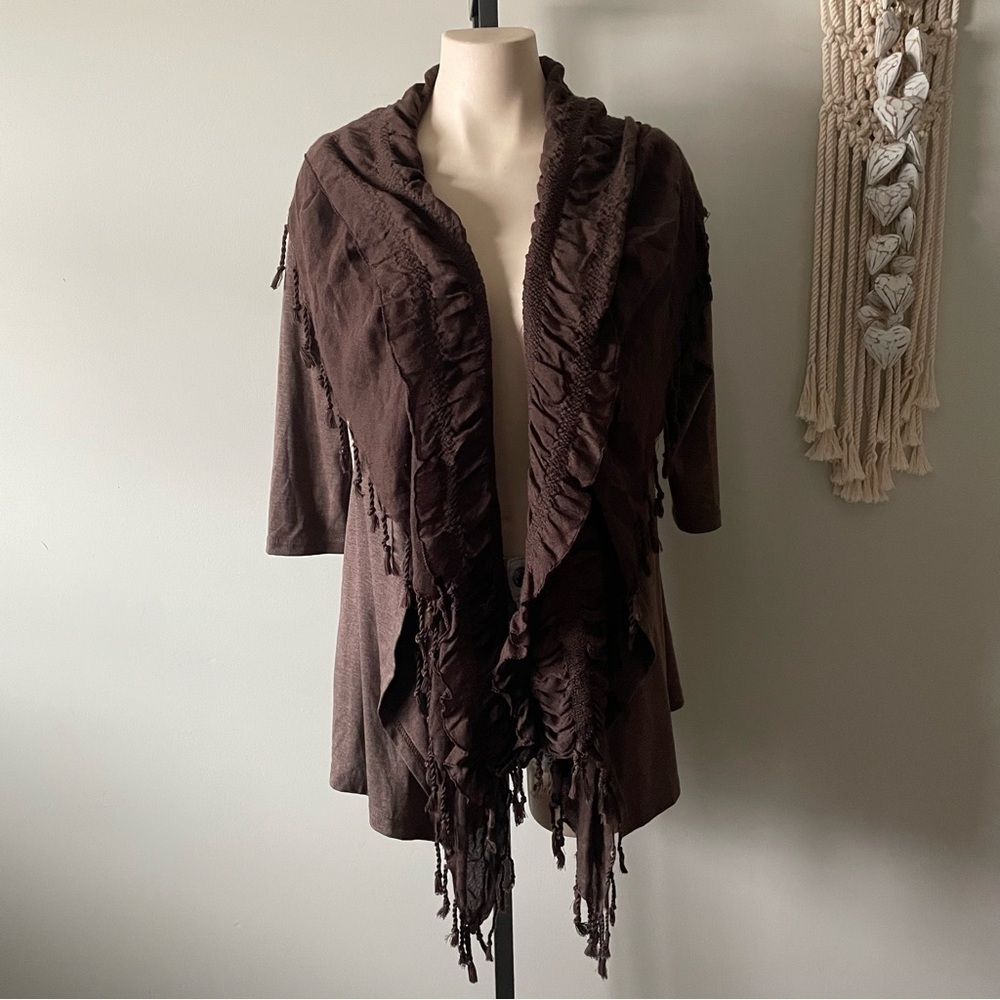 Papillon Lagenlook Fringe Trim Ruffled Open Cardigan Scarf Neck Wrap Boho